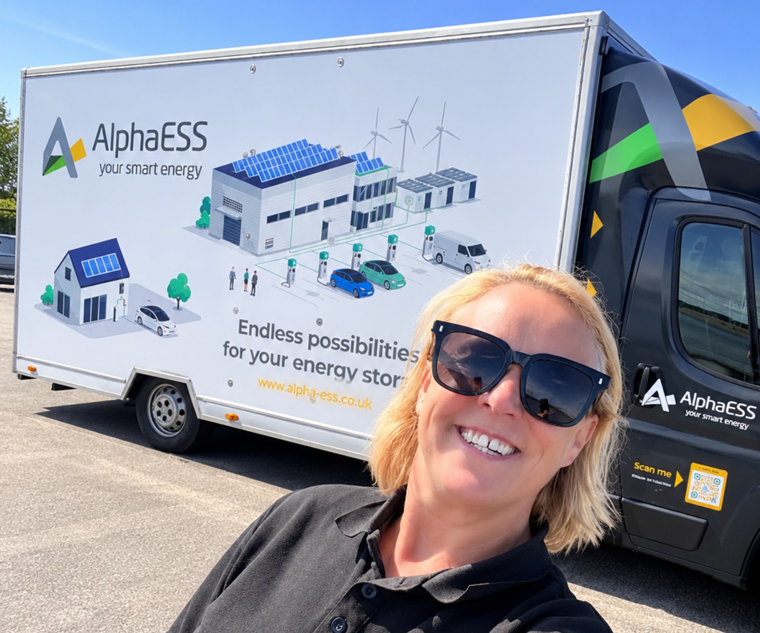 Emma Dutton, Implementation and Support Manager at AlphaESS UK, with BESSIE