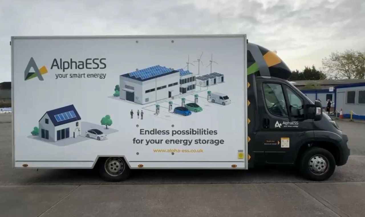 Side view of BESSIE, the AlphaESS UK mobile battery storage showroom