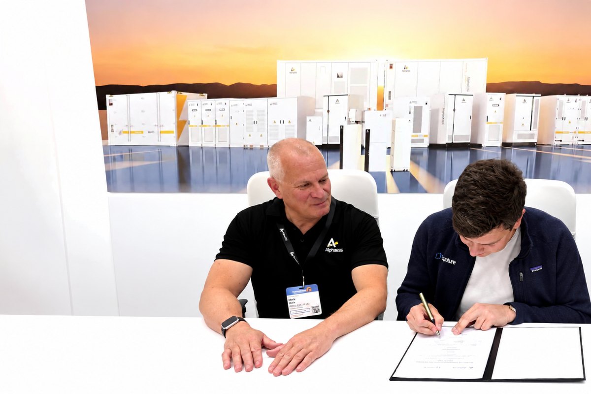 AlphaESS UK and Capture Energy representatives signing their commercial battery storage partnership agreement