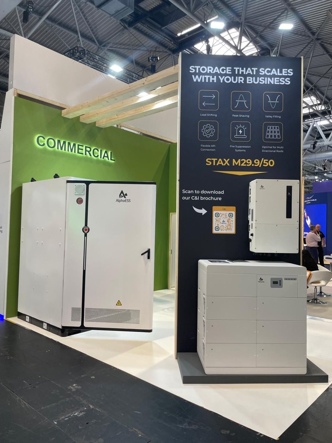AlphaESS commercial stand at Solar & Storage Live 2026 featuring the TB150 cabinet and STAX M29.9/50 display